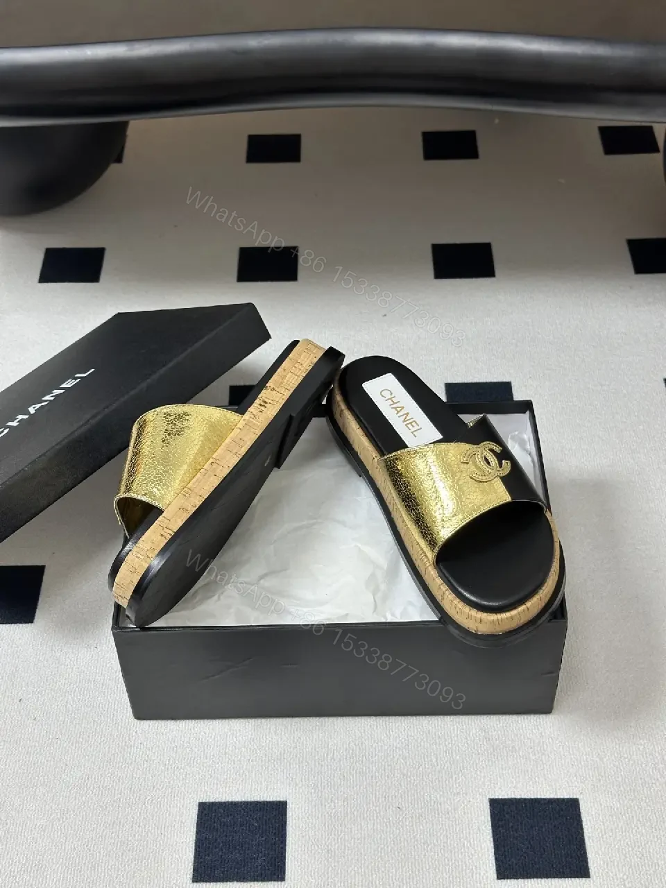 View 8 of Black Leather Luxury Chanel Logo Slide Sandals