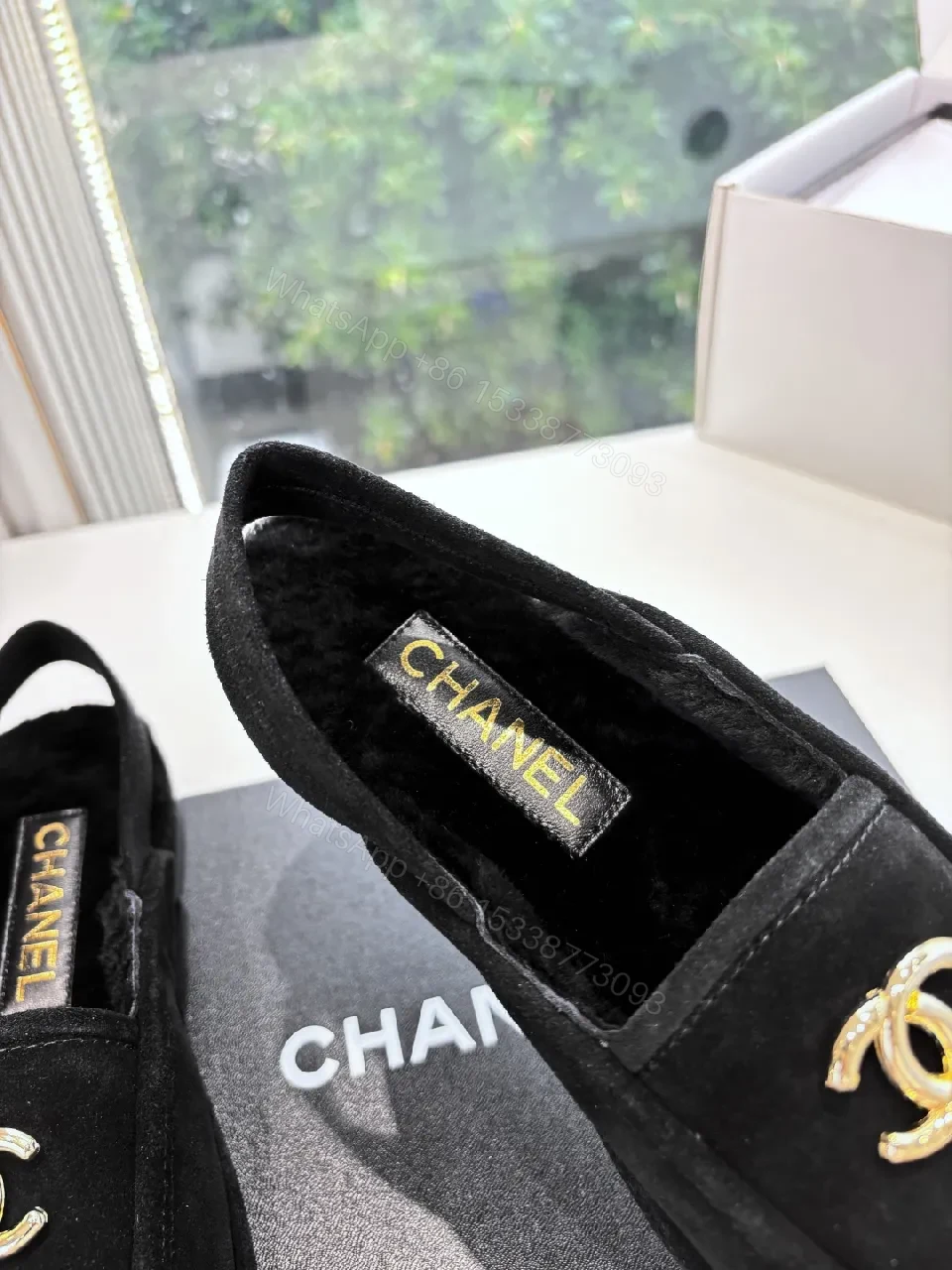View 7 of Black Suede Loafers with Gold Logo Hardware