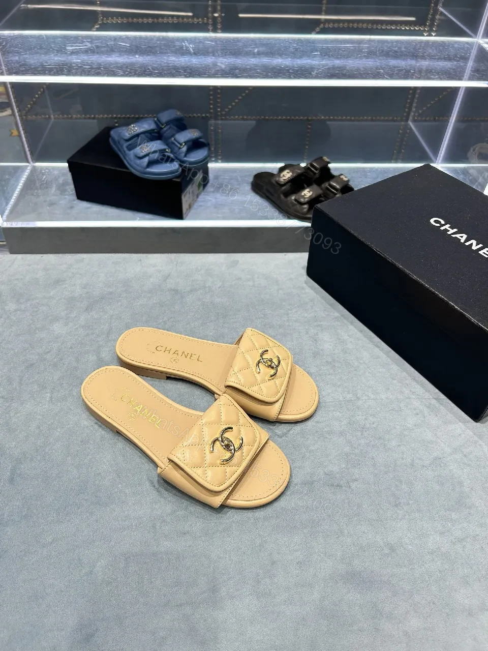 Beige Quilted Leather Slide Sandals with Logo Detailing — view 1
