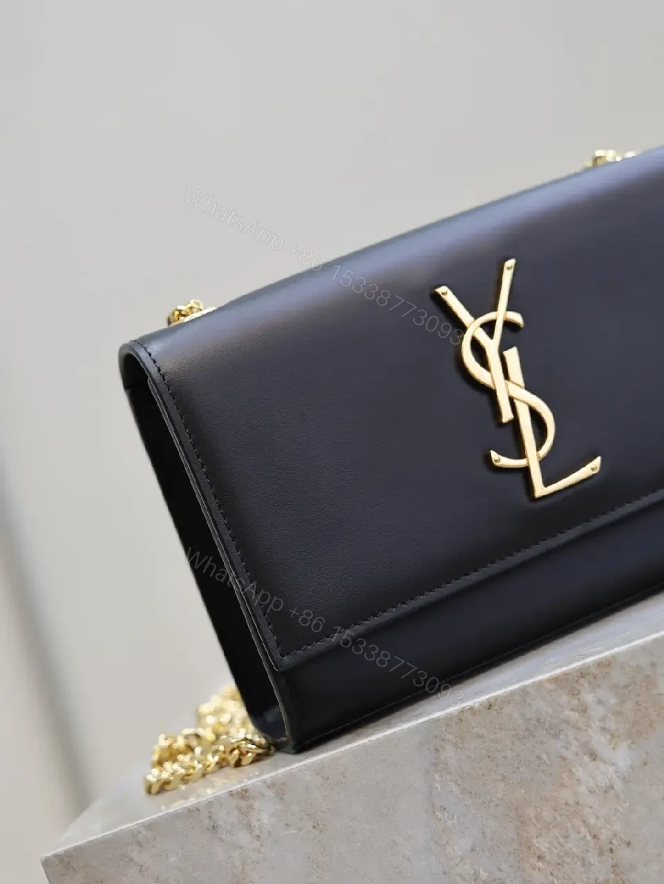 View 3 of Black Leather Bag with Gold YSL-Inspired Logo, Compact, Everyday Glam