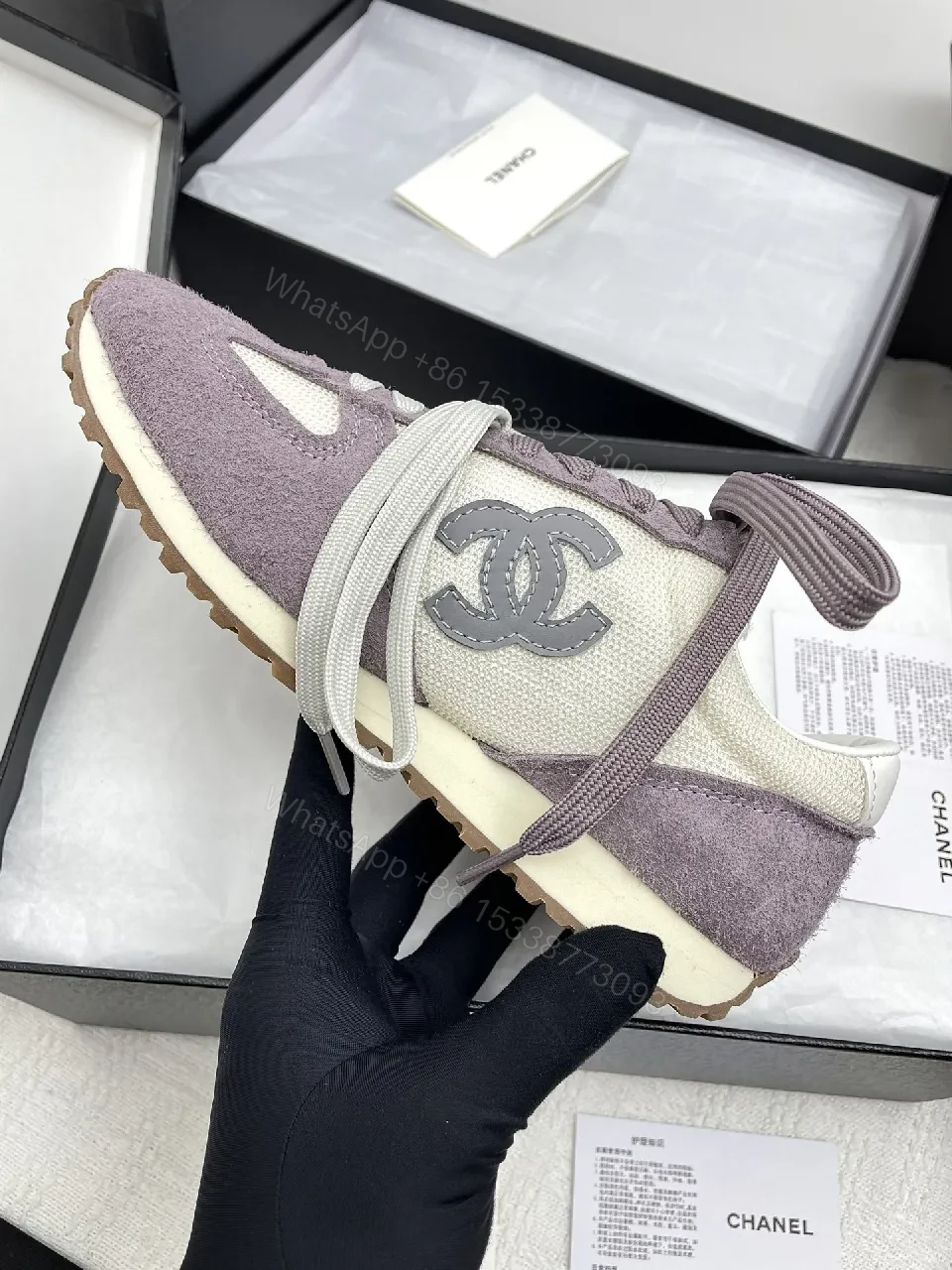 View 9 of Lavender Suede & Cream Knit High-Top Sneakers – Luxury Chic Style