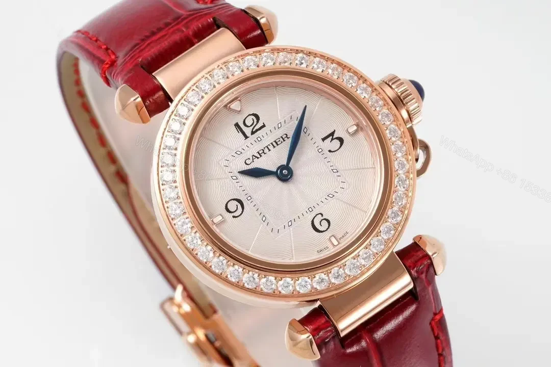 View 7 of K11 Factory Cartier Pasha de Cartier Women’s Watch, 30mm, Rose Gold with Diamond Bezel, Red Leather Strap, Blue Steel Hands