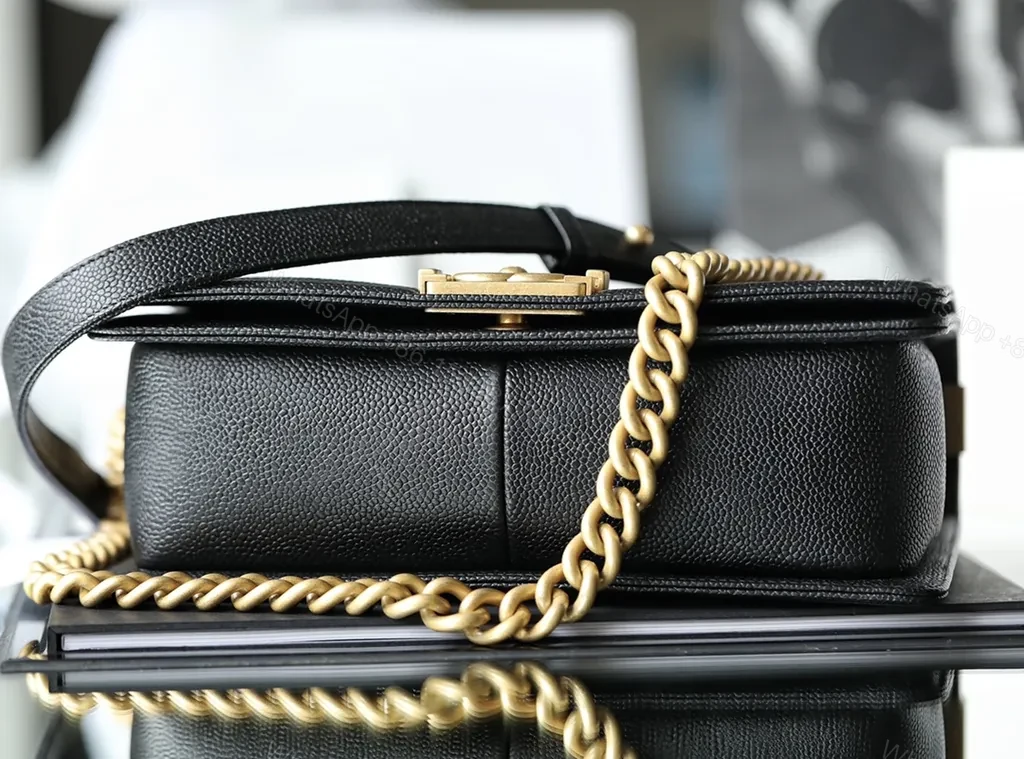 View 7 of Chanel-Style Quilted Leather Crossbody, Black & Gold Hardware