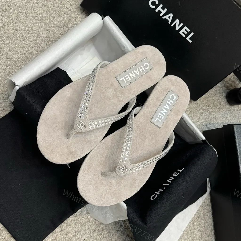 View 8 of Sand Beige Crystal-Embellished Chanel-Style Flip-Flops - All-Day Glam