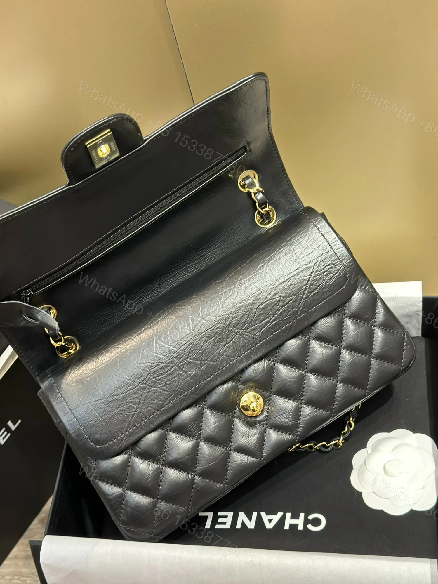 View 7 of Chanel Classic Lock Gold With Black Wrinkled Skin Like Auth Handbags 25cm