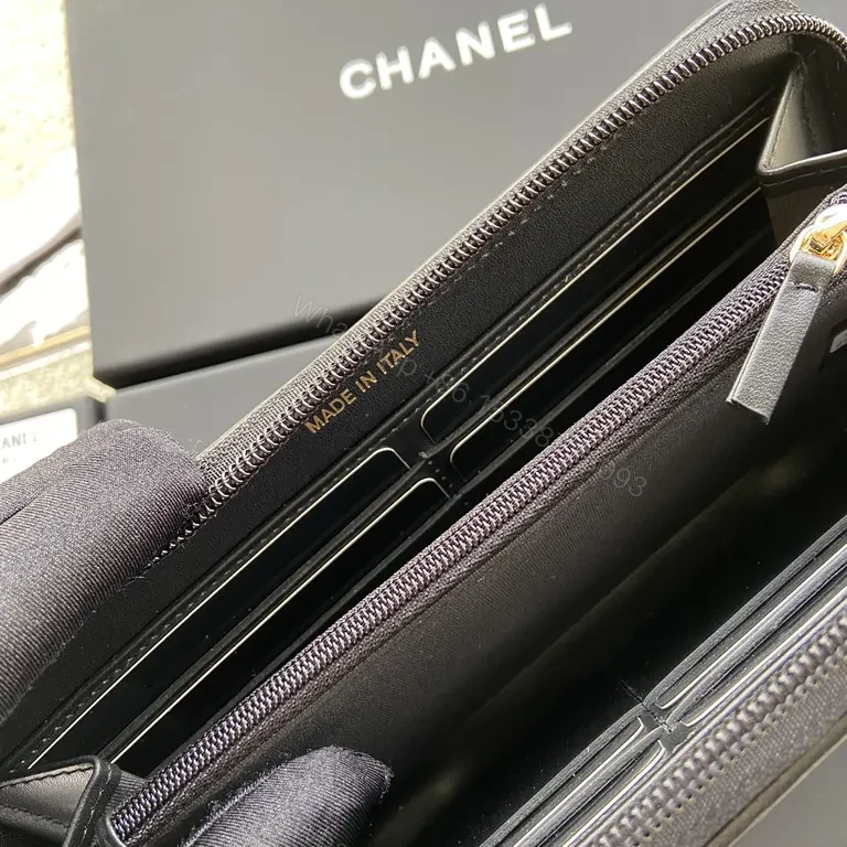 View 6 of Black Quilted Leather Wallet with Gold Chanel Hardware, Slim & Elegant