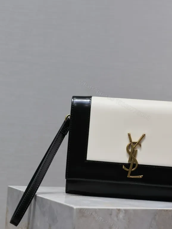 View 8 of Structured Leather Crossbody Clutch: Black/Ivory, YSL Hardware, Day-to-Night
