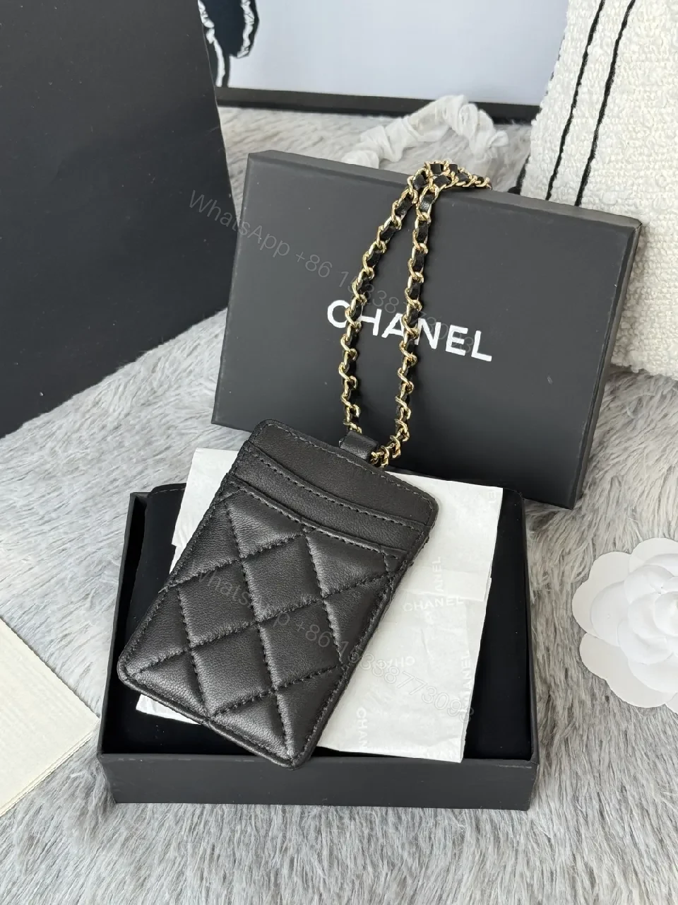 View 3 of Compact Quilted Leather Wallet on Chain with Gold Hardware
