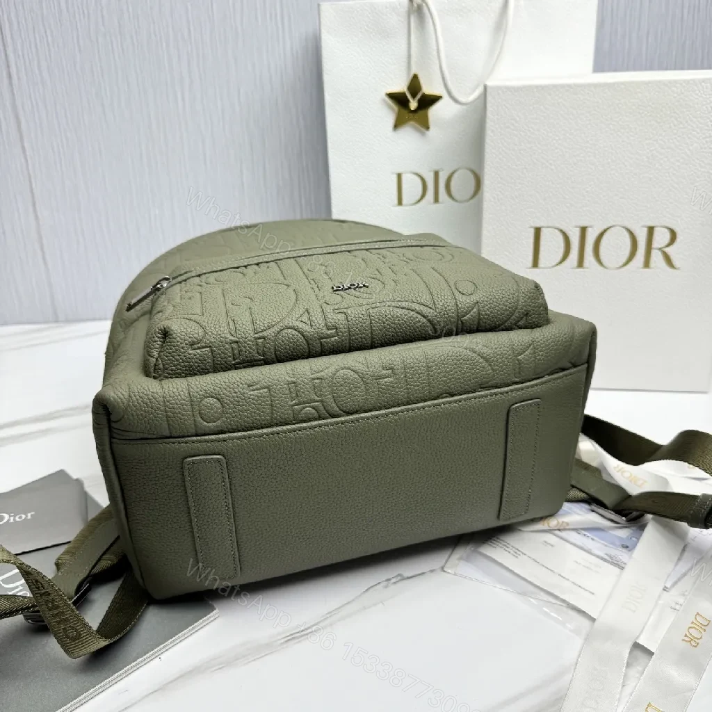 View 8 of Olive Leather-Textured Compact Backpack with Dior-Inspired Pattern