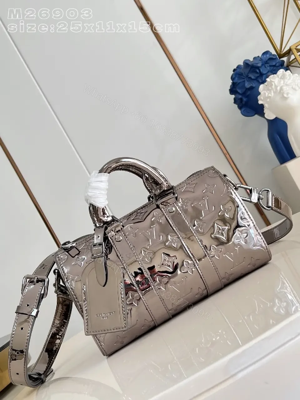 Compact Metallic Satchel: Monogram-Texture Carryall — view 1