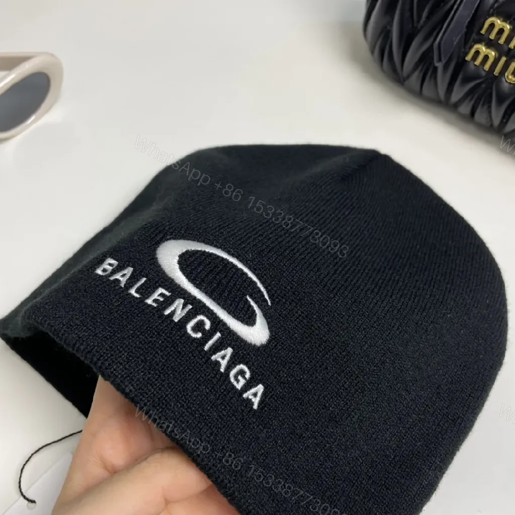View 4 of Black Knit Balenciaga Beanie with Subtle Logo Detail