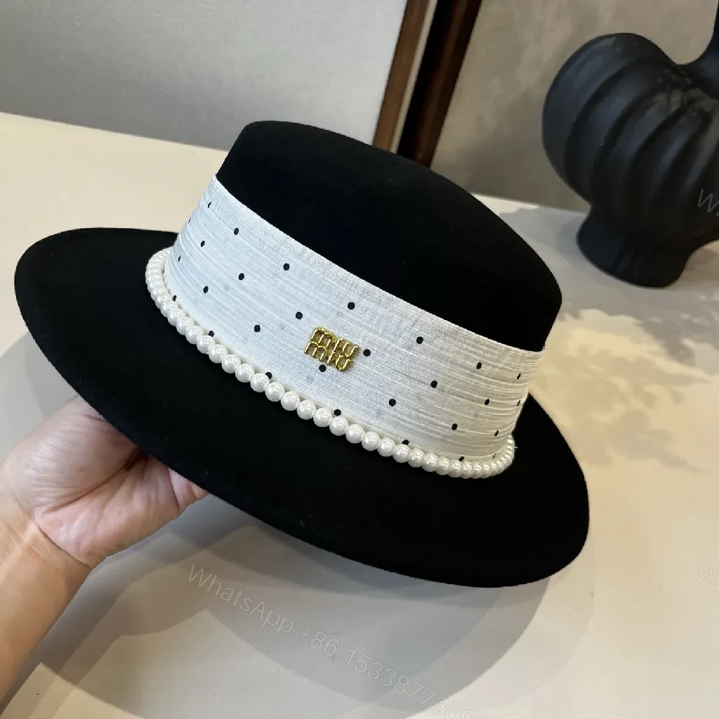View 9 of Polka Dot Wide-Brim Hat with Pearl Trim, Felt, Luxe Style
