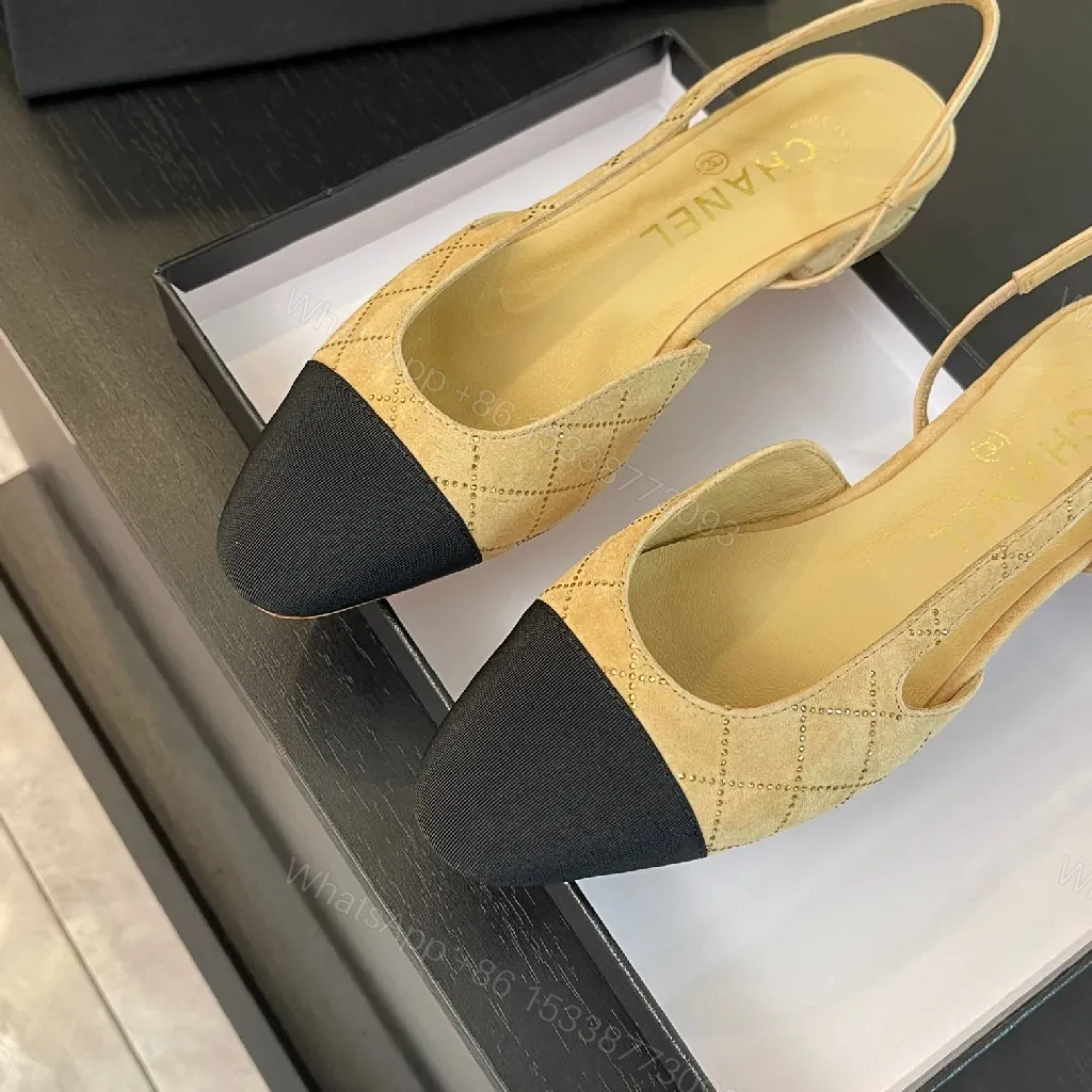 View 7 of Quilted Slingback Pumps: Tan & Navy Cap Toe, Heeled Comfort