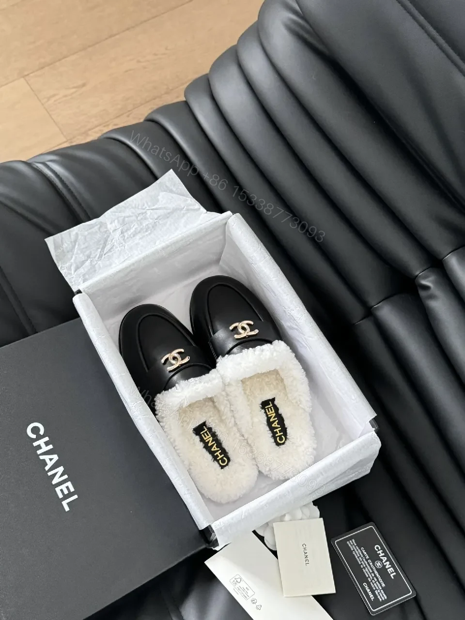 View 8 of Chic Black Leather Mules with Plush Shearling Lining