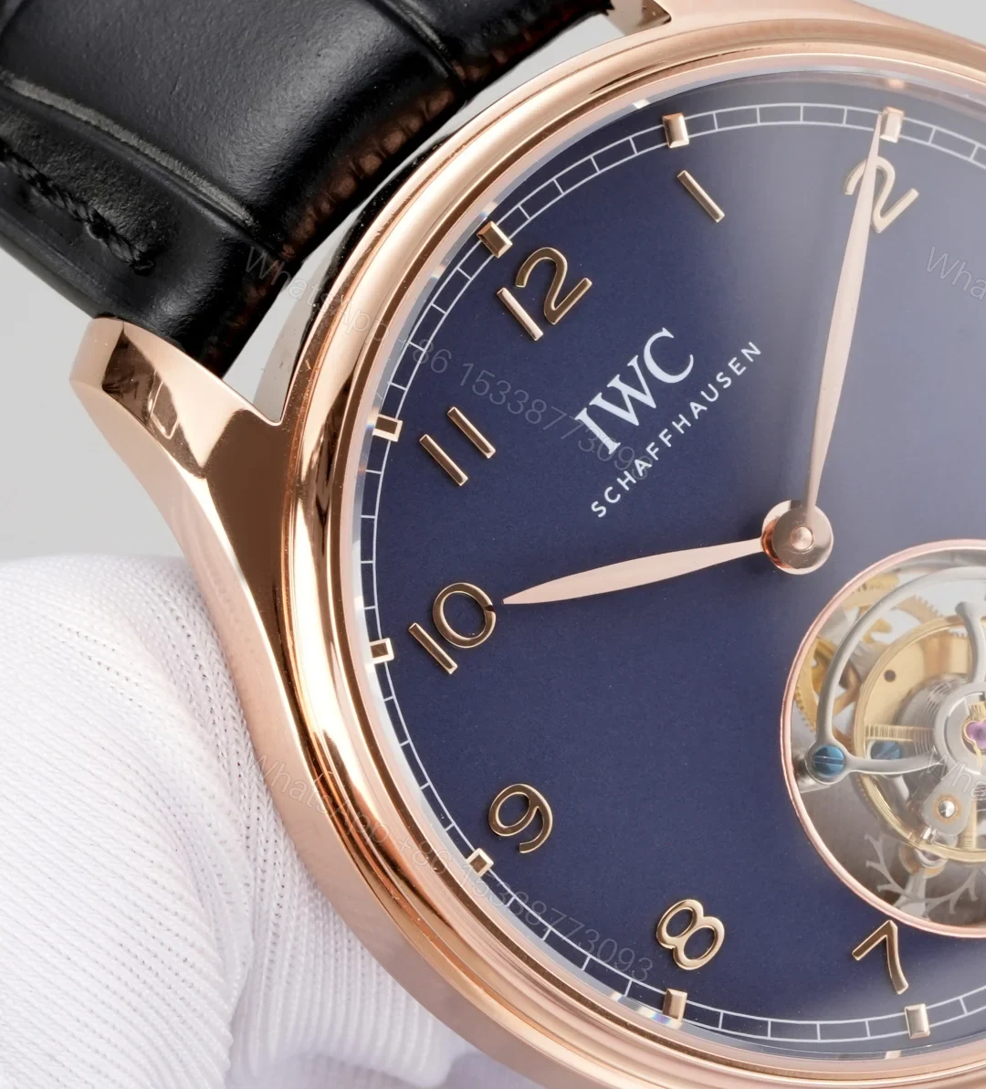 View 3 of IWC Tourbillon Blue Replica 42MM Premium Rose Gold Case Black Leather Strap Edition RG-IWC-TOURBILLON-BLUE-42