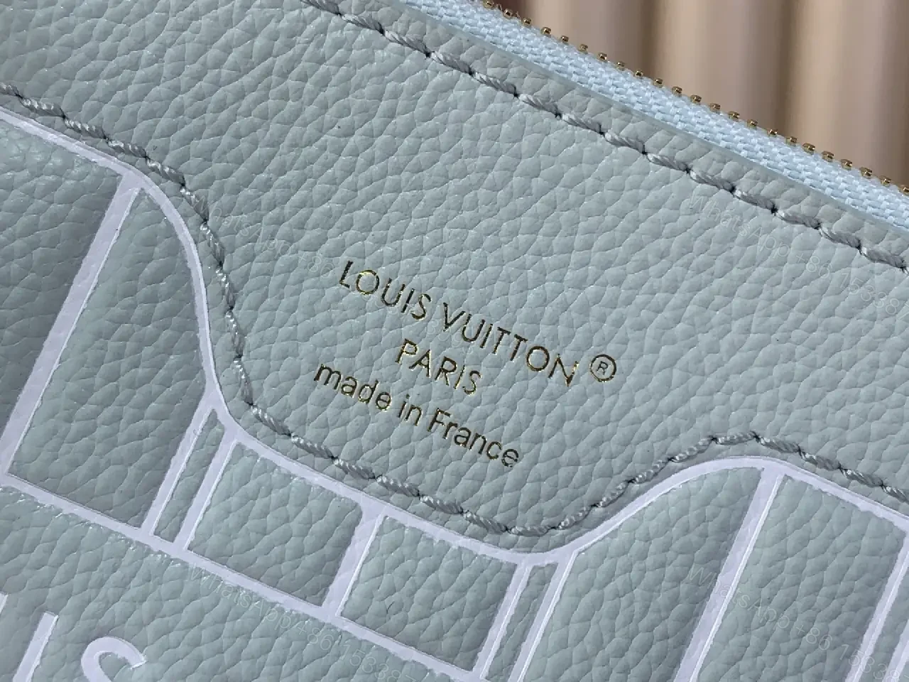 View 2 of Powder Blue Leather Trim Monogram Canvas Tote: Structured Luxury