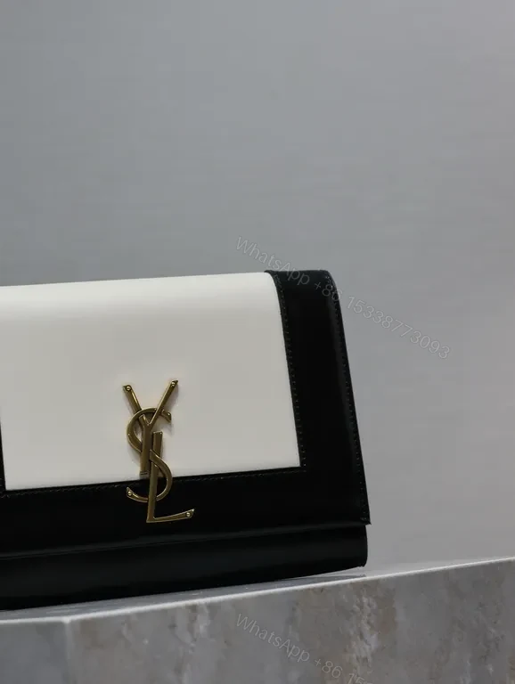 View 5 of Structured Leather Crossbody Clutch: Black/Ivory, YSL Hardware, Day-to-Night