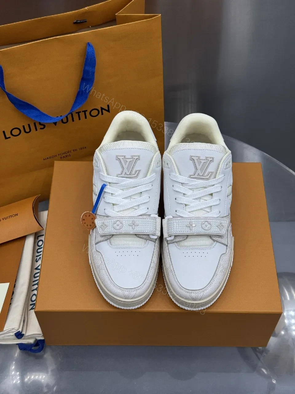 View 5 of White Leather-Texture High-Top Sneakers with Velcro