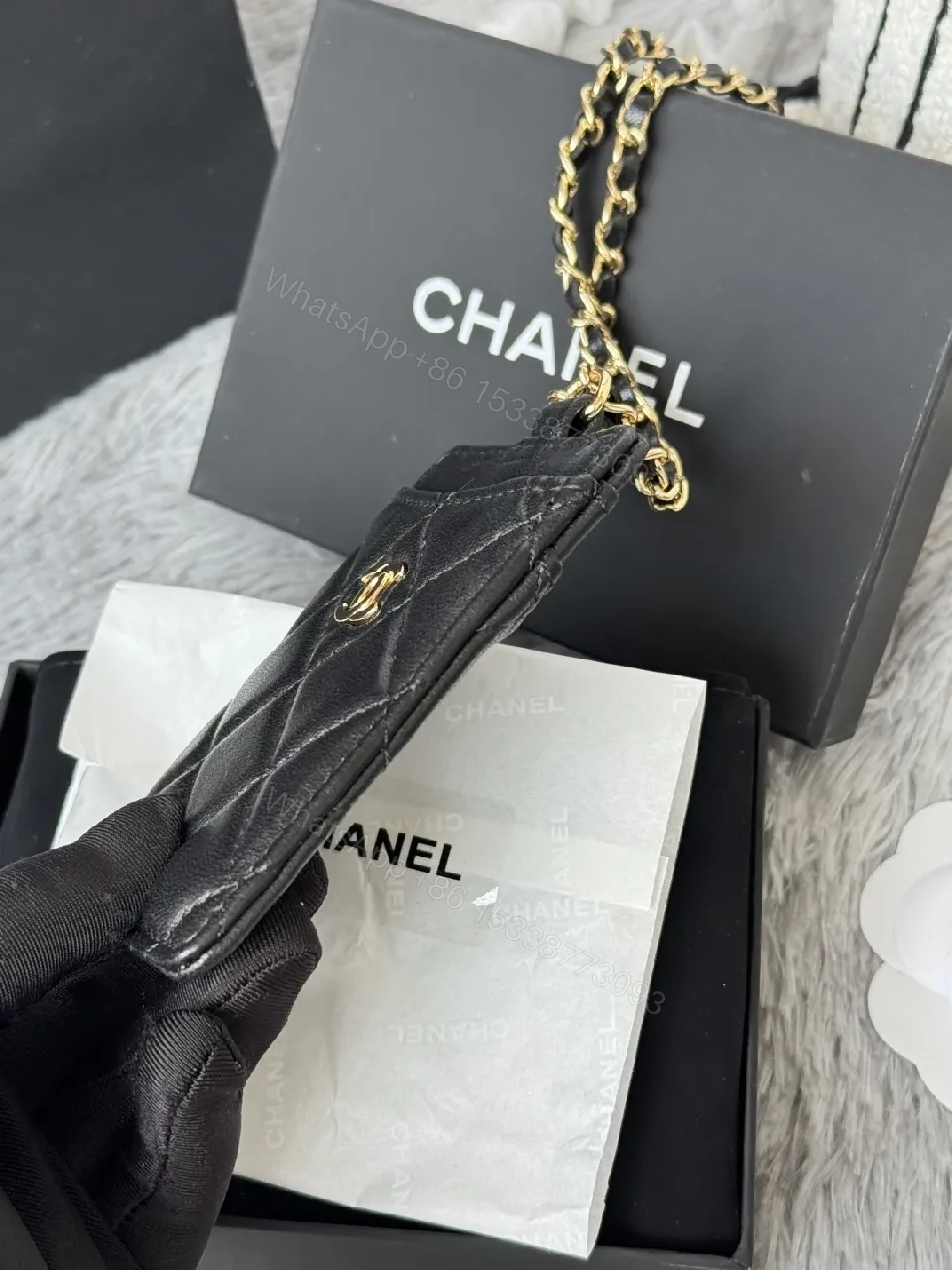 View 6 of Compact Quilted Leather Wallet on Chain with Gold Hardware