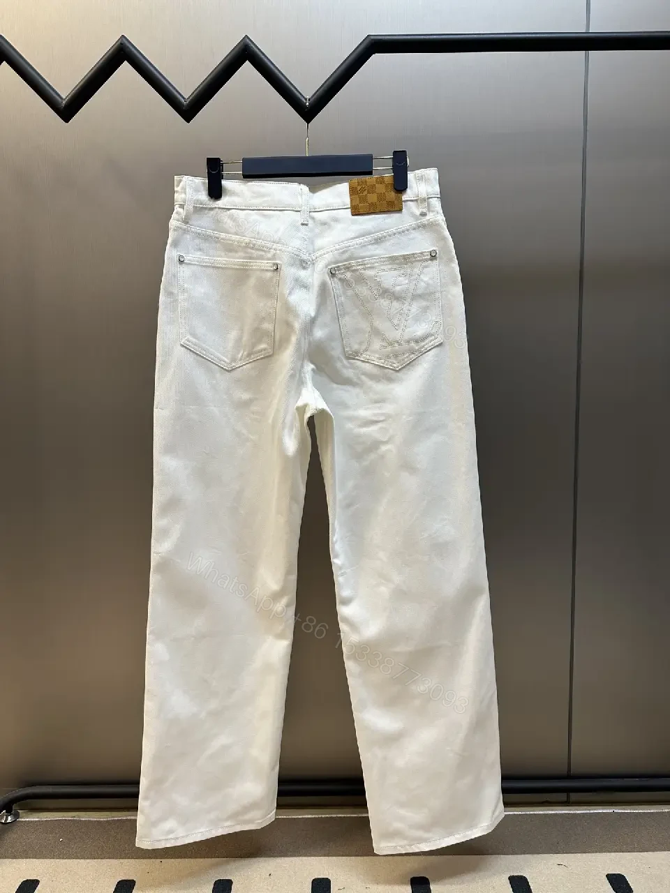 View 7 of Off-White/Cream Straight-Leg Trousers, Minimal Silk-Like, Zipper Fly