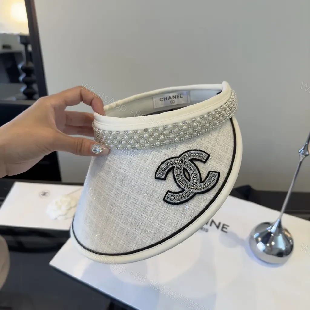 View 3 of Light Gray Linen Visor Cap with Rhinestone Collar and Chanel Logo