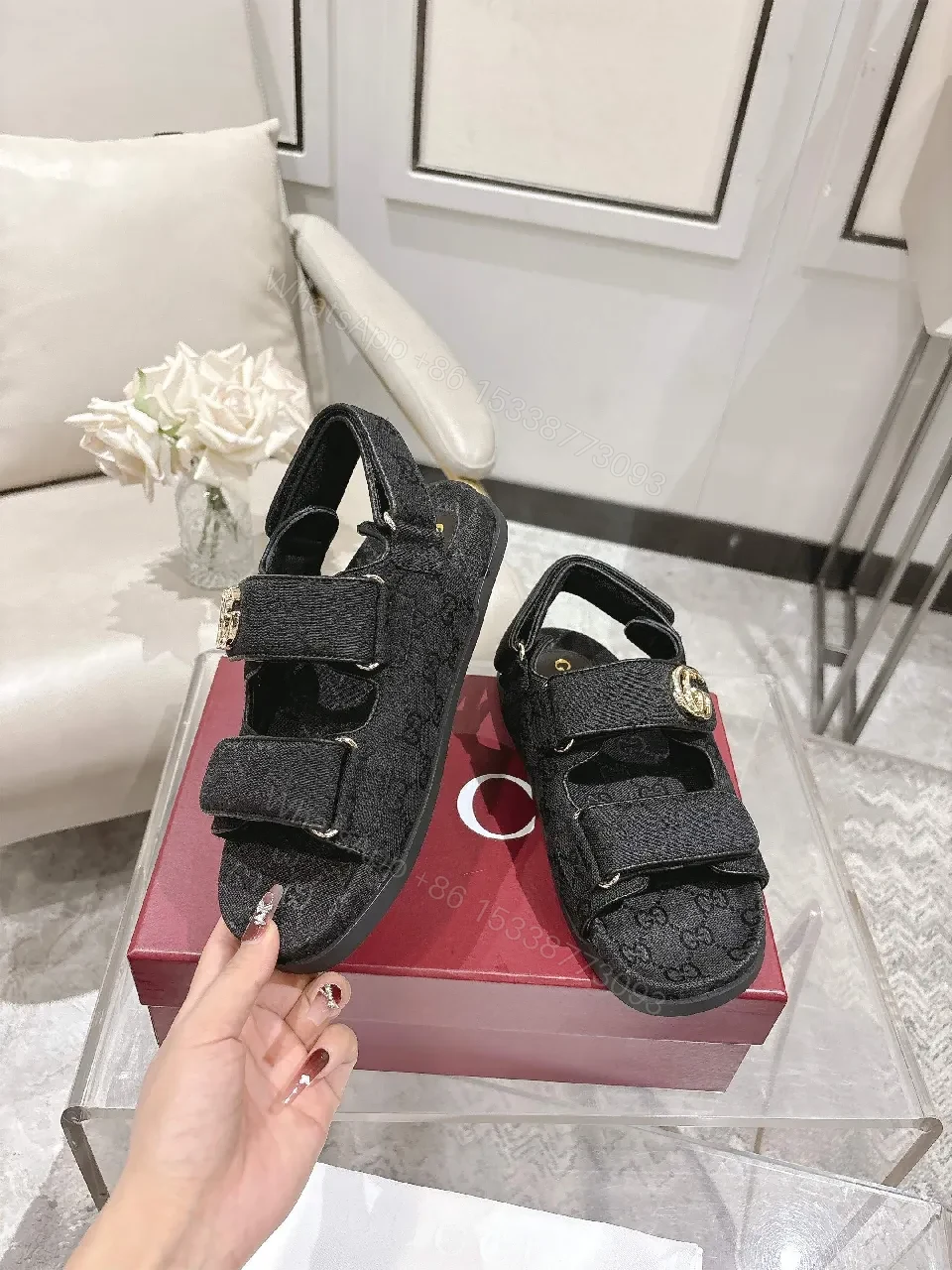 View 2 of Black Textile Sandals with Gold Hardware, Contempo Comfort