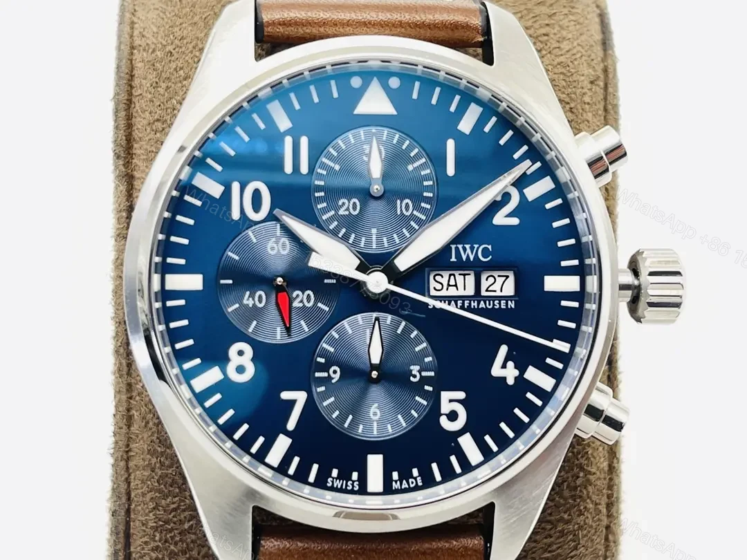 View 4 of IWC Blue Brown Pilot Chronograph Blue Dial Leather Strap Ultimate 43MM IWC-PILOT-CHR-BLU43-L