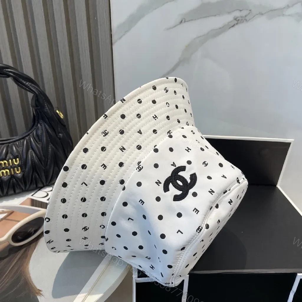 View 2 of White Polka Dot Bucket Hat with Subtle Logo, Cotton-Blend