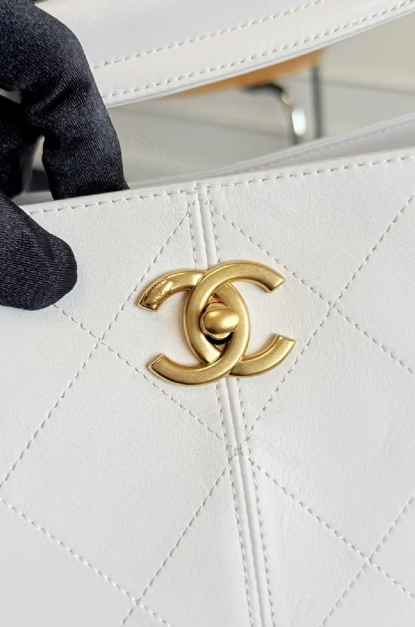 View 5 of White Quilted Tote with Gold Chain - Structured, Luxe Classic