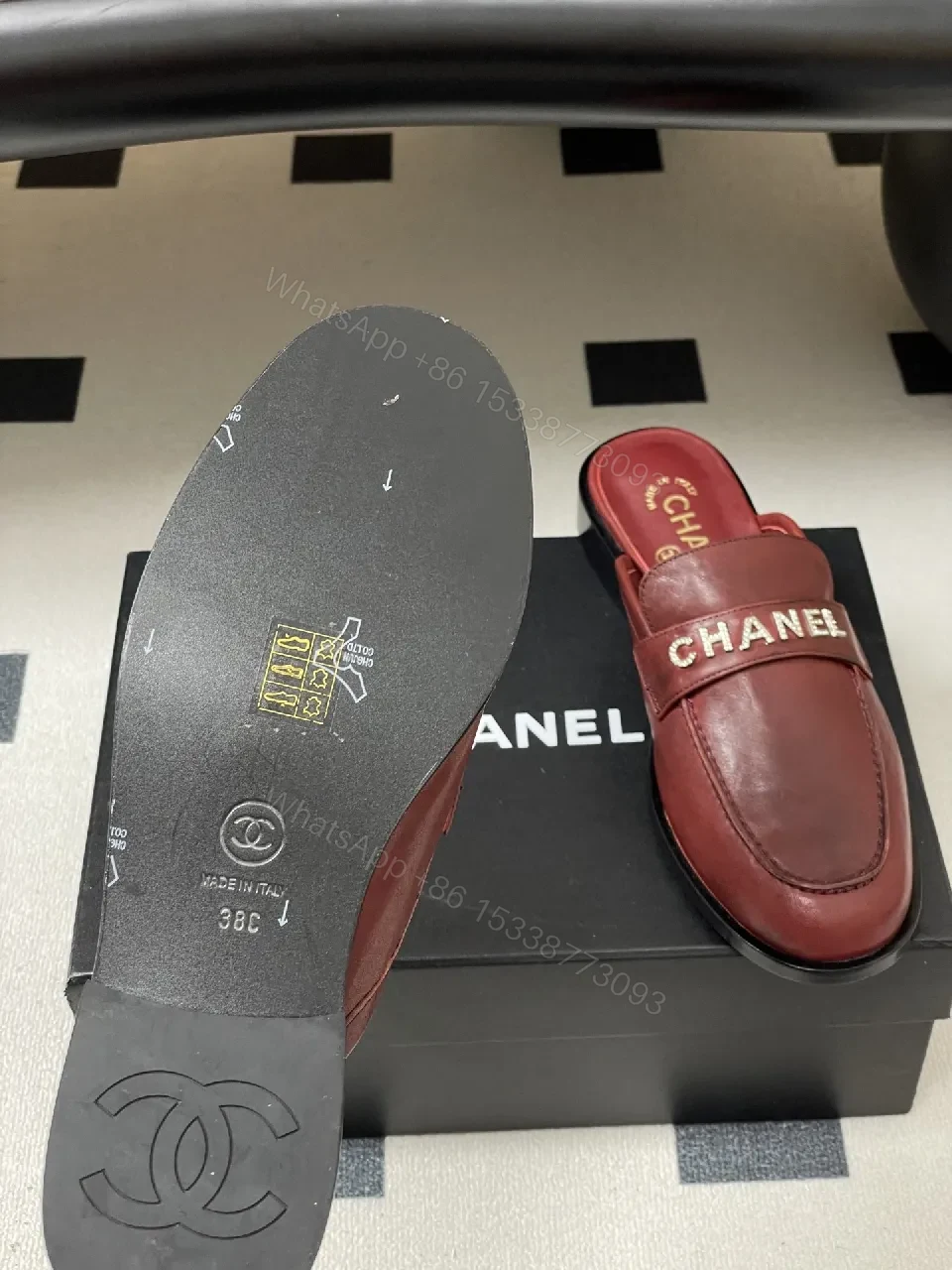 View 4 of Burgundy Leather Mule Slides with Signature Logo Billet