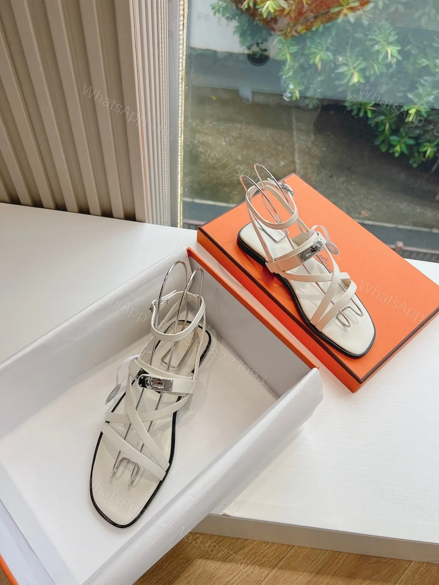 View 4 of Hermes Women White Leather Strappy Sandals