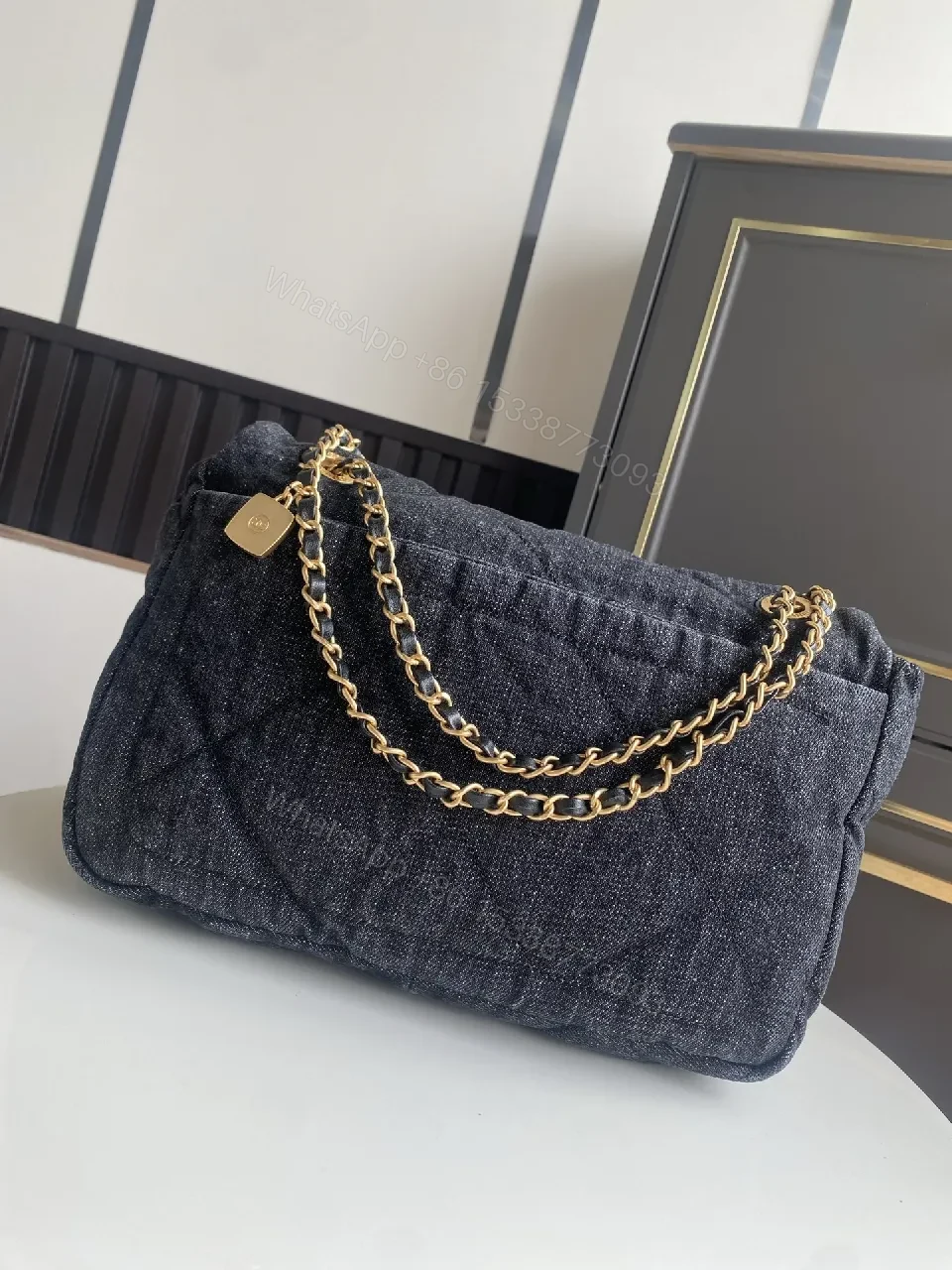 View 2 of Denim-Texture Shoulder Bag: Modern Luxe, Gold-Tone Accent