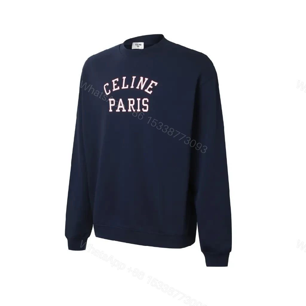 View 3 of Navy Cotton-Blend Crewneck Sweatshirt: Subtle Logo Couture