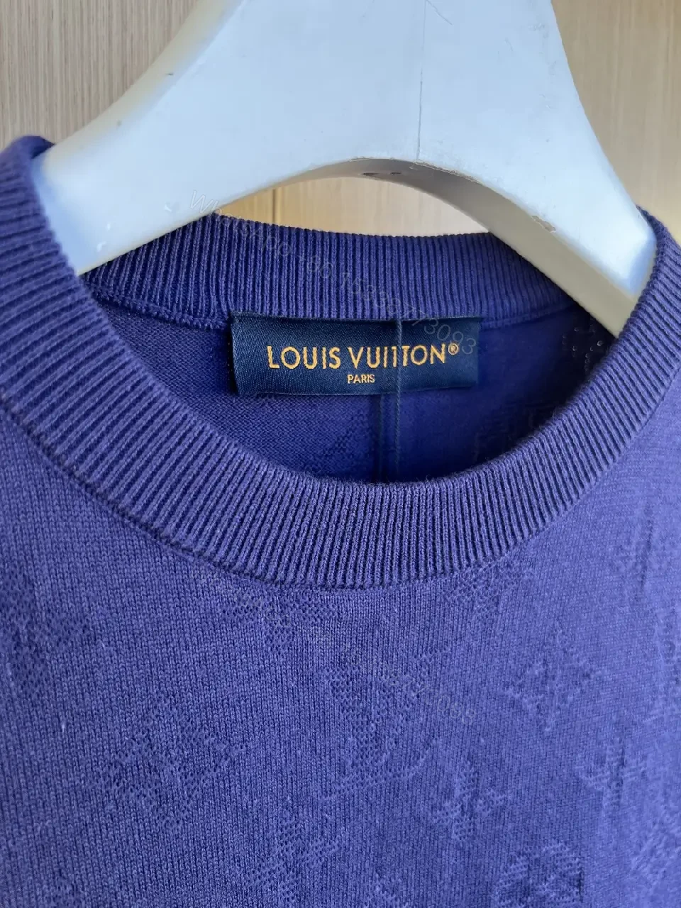 View 8 of Royal Blue Knit T-Shirt with Tonal LV Pattern, Crew Neck