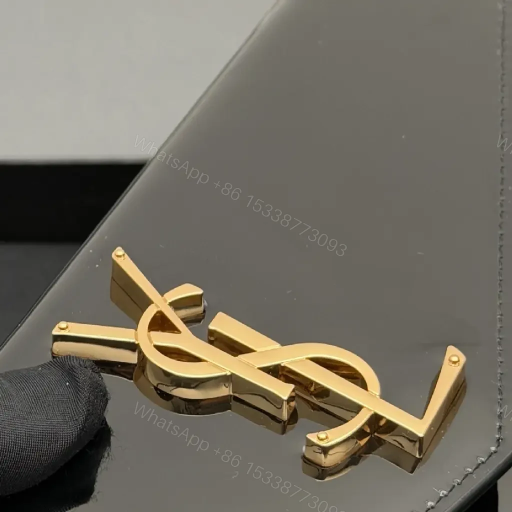 View 10 of Glossy Patent Envelope Clutch: Luxe Gold Logo Wallet