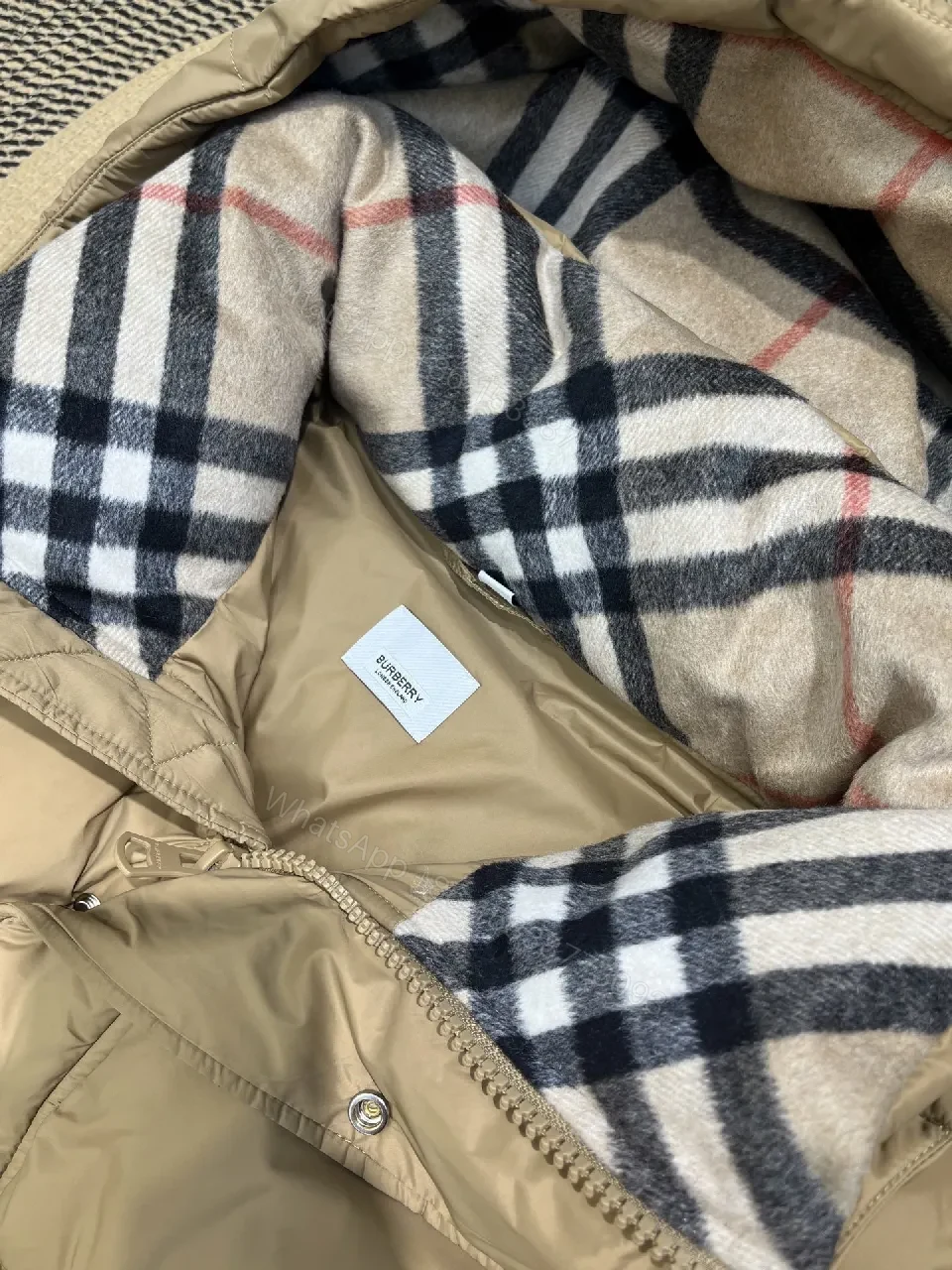 View 3 of Camel Quilted Puffer Jacket: Insulated, Plaid-Lined Luxury Coat