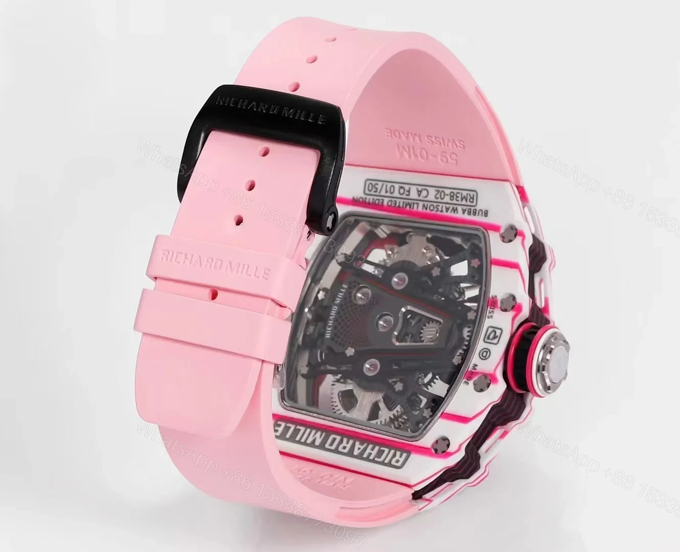 View 9 of Richard Mille RM38-02 Tourbillon Bubba Watson Watch Pink Quartz Carbon Fiber Case Skeleton Dial Manual Winding Tourbillon 10000G Shock Resistant Golf Edition RM38-02-BW-PINK-QCF-GT
