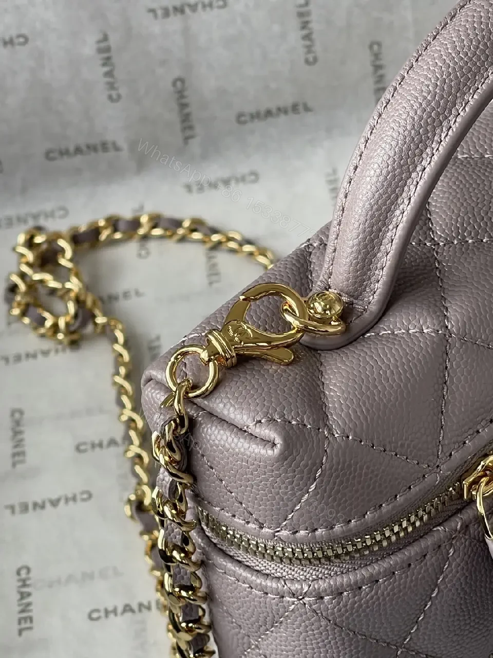 View 8 of Lavender Quilted Mini Bag with Gold Chain & Top Handle