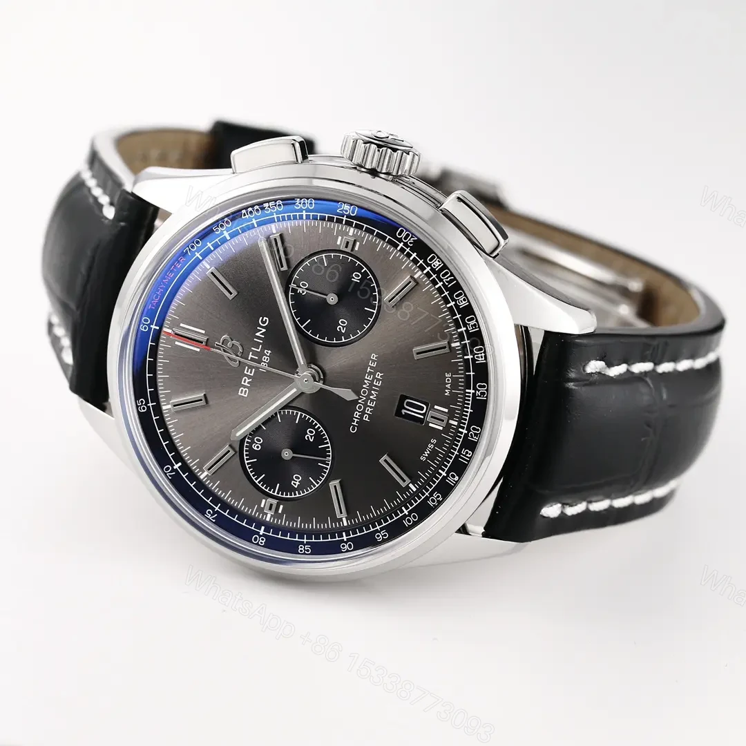 View 5 of GF Factory Breitling Premier B01 Chronograph Watch – Black Dial, Blue Bezel, Stainless Steel Case, Leather Strap