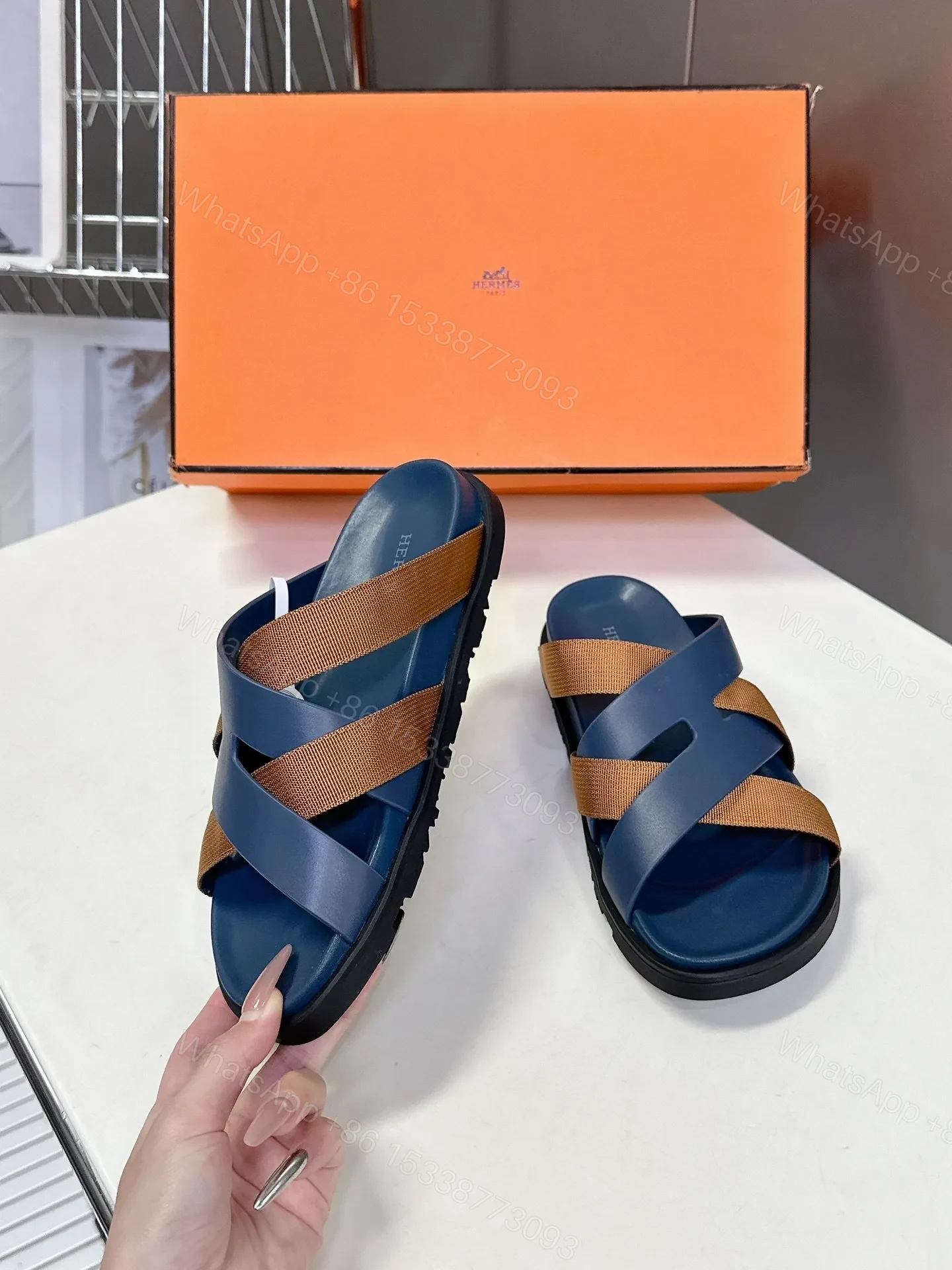 View 5 of Hermes Women Navy Blue Leather And Brown Sandals