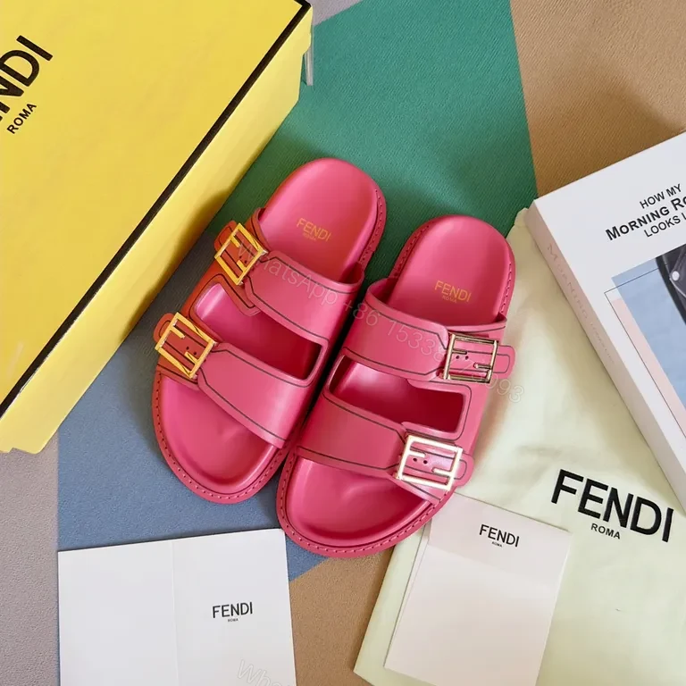 View 2 of Vivid Pink Fendi Leather Slides â€“ Bold Comfort, Elevated Casual