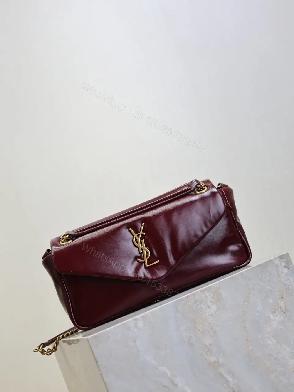 View 3 of Burgundy Calfskin Compact Shoulder Bag with Gold Hardware