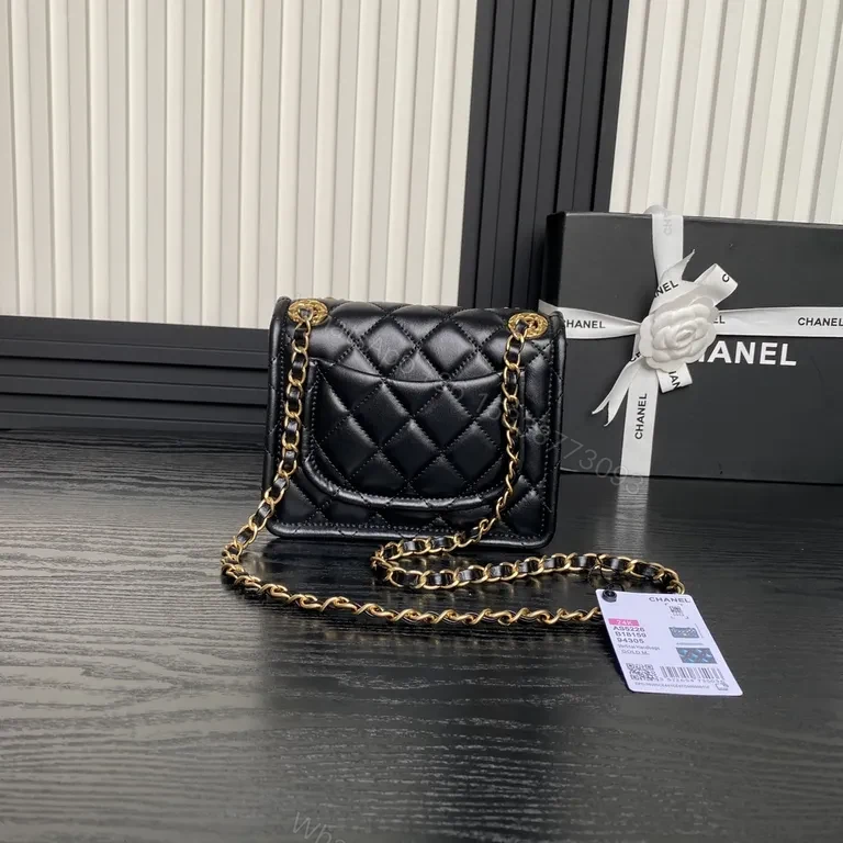 View 7 of Black Quilted Shoulder Bag with Gold Chain - Compact Luxury Bag