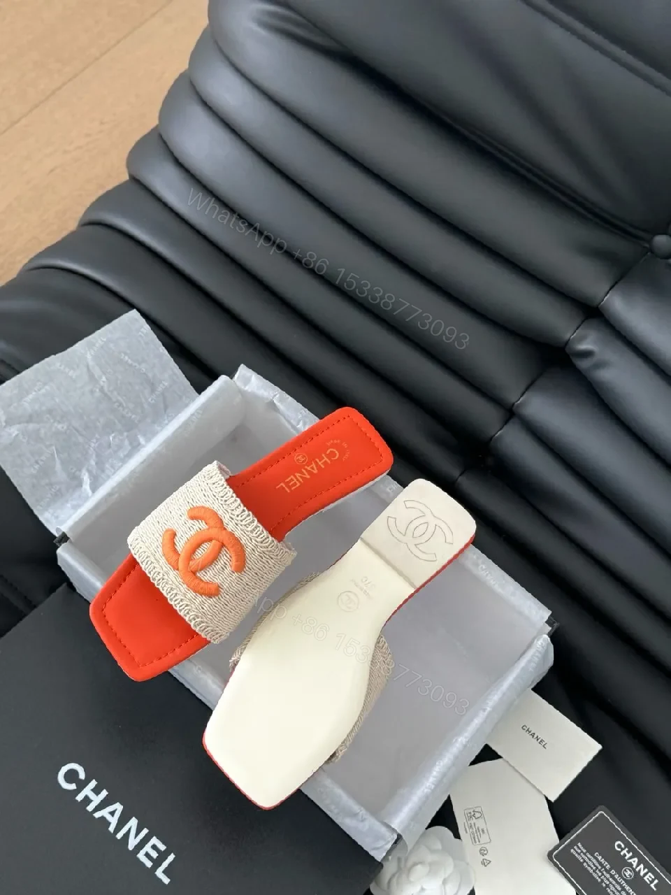 View 3 of Bold Orange-Blocked Chanel-Inspired Slide Sandals
