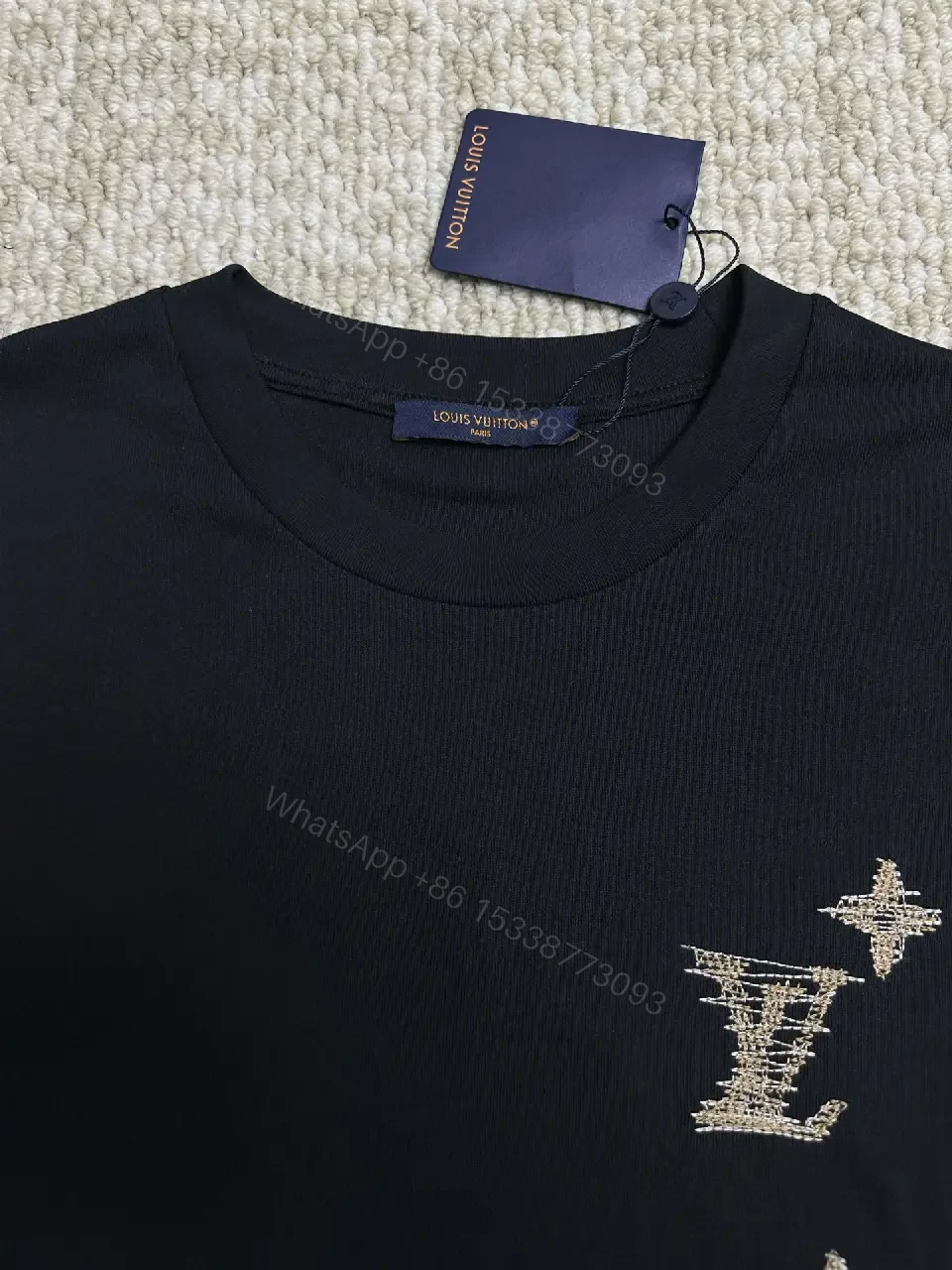 View 9 of Black Cotton Tee with Gold Embroidered Louis Vuitton Motif Tee