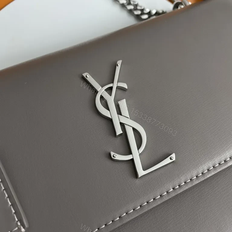 View 8 of Taupe Leather Structured Crossbody with YSL Hardware