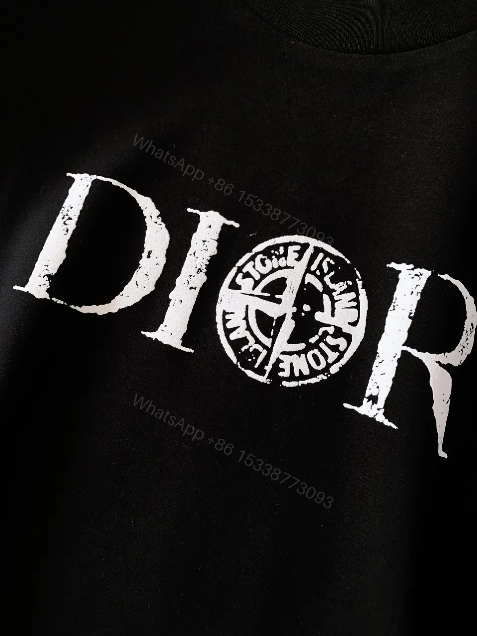 View 8 of Black Cotton Short-sleeve Tee Distressed "DIOR" Chest T-shirt