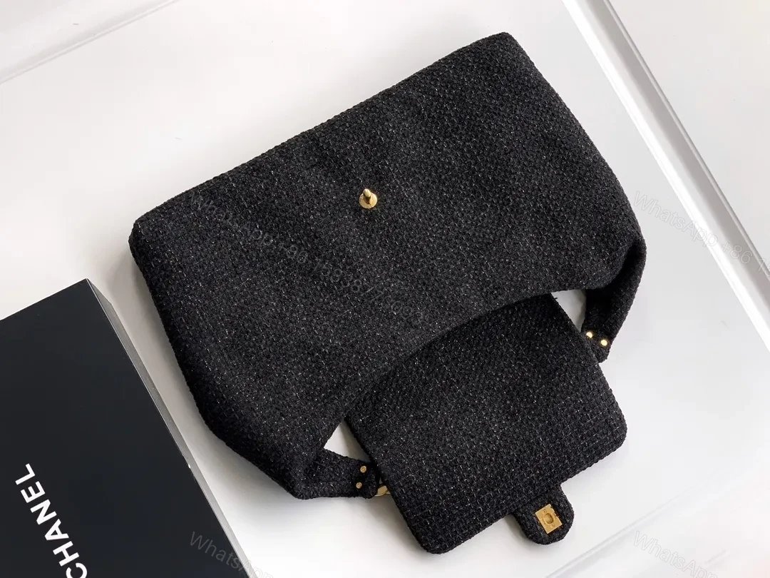 View 7 of Black Tweed Mini Bag with Gold Chain - Luxe Style