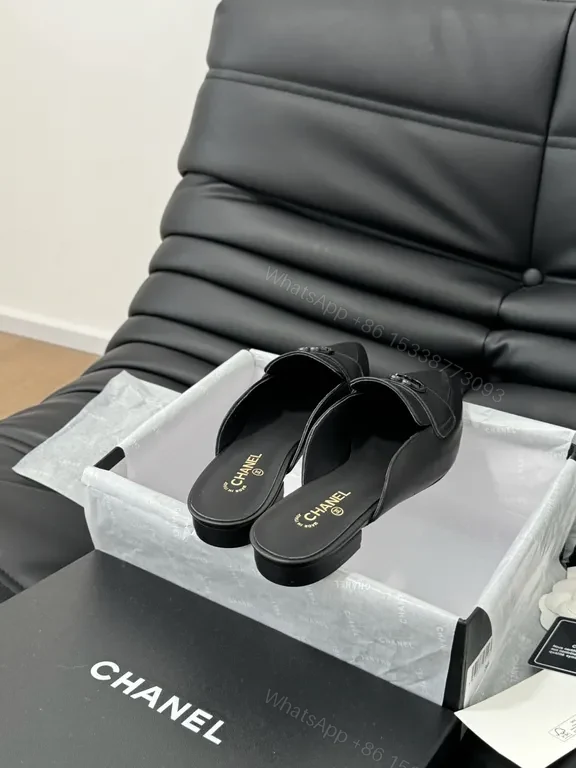 View 9 of Chic Black Leather Mules with CC Detail - Luxury Comfort
