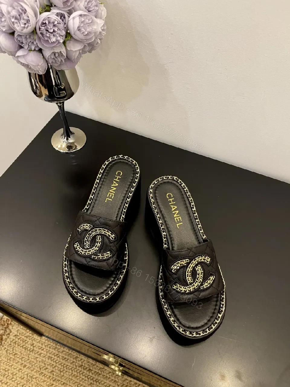 Quilted Black Slides with Chain Trim - Couture Comfort Footwear — view 1